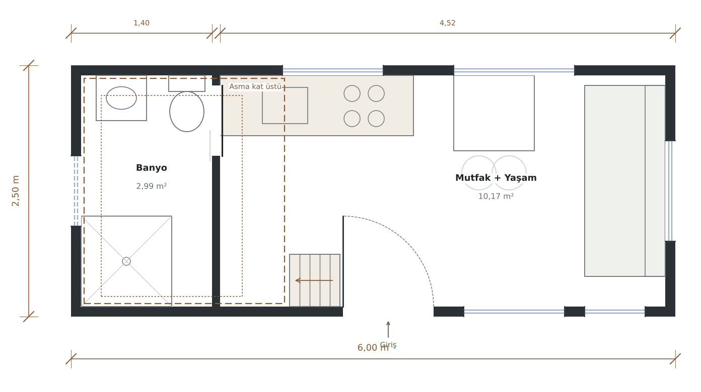 Badem kat planı, 2,5 × 6 m